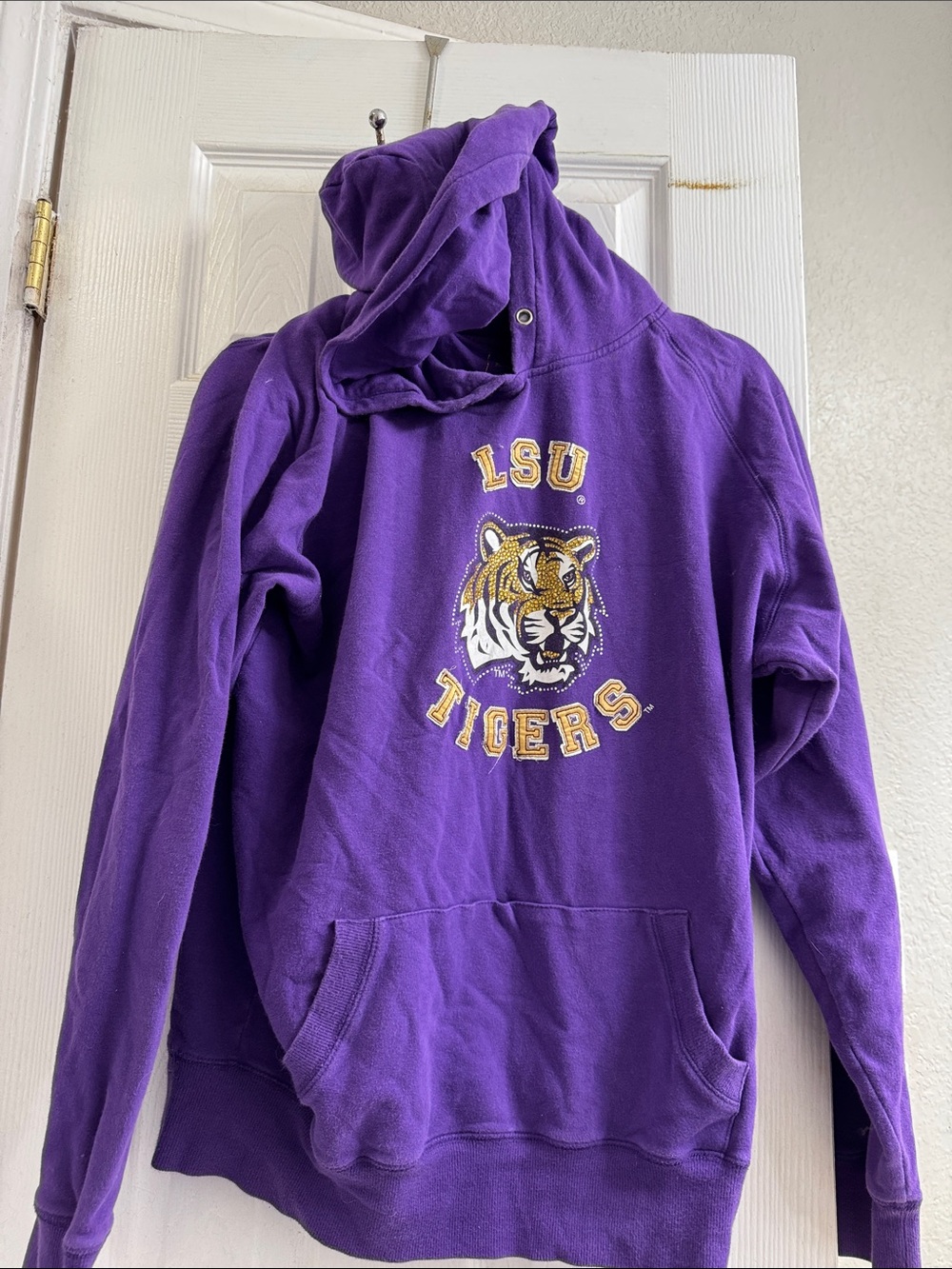 LSU Tigers Purple Hoodie with Tiger Graphic bling. Missing drawstring